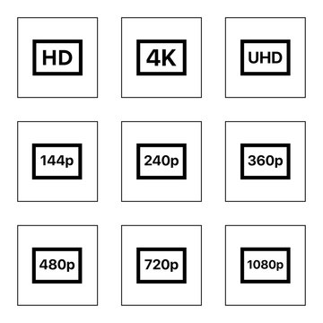 Set Of 9 simple editable icons such as HD, 4K, UHD, 144p, 240p, 360p, 480p, 720p, 1080p on white background