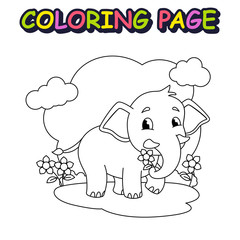 Cute Elephant holding flower, vector cartoon for kids coloring book and page