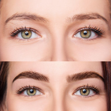 Female eyes before and after eyebrows correction and dying.