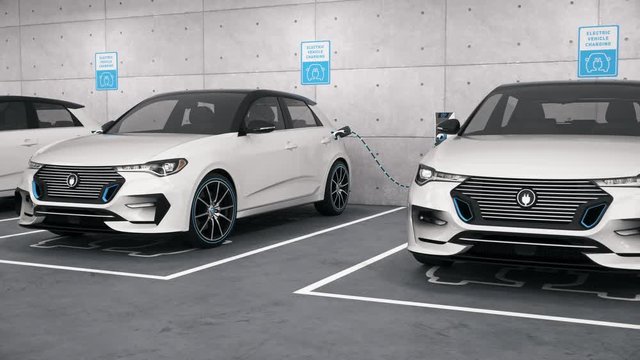 Electric self driving cars connected to charging stations in park garage. Renewable energy and ecological transportation concept. Seamlessly looping realistic high quality 3d animation.