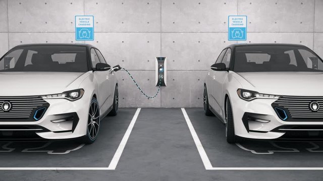 Electric self driving cars connected to charging stations in park garage. Renewable energy and ecological transportation concept. Seamlessly looping realistic high quality 3d animation. Front view