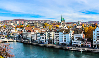 Fototapeta premium Embankment of Limmat river in Zurich, Switzerland.