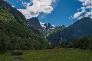 Fototapeta premium Briksdalsbreen is a glacier arm of Jostedalsbreen,Briksdalsbre Mountain Lodge,Norway. July 2019