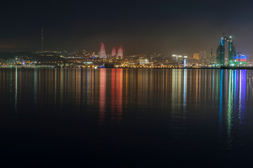 Panorama of the seaside boulevard in Baku at night