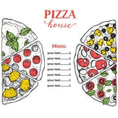 Italian pizza vector illustration. Hand drawn sketch pizza. Italian food. Package design. Pizza slices illustration.