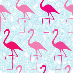 Obraz premium A pattern of pink flamingos on a blue background of circles.