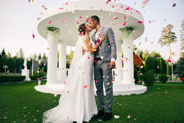 young couple in love.Wedding photo.Rose petals over a couple in love