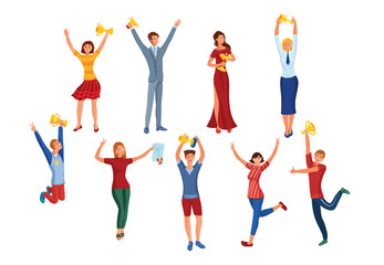 Set of women and men happy with victory vector illustration