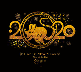 Fototapeta na wymiar Year of the Rat 2020 in the Chinese calendar. Golden symbol on black. Beautiful New Year card with the symbol of the year Golden Rat. 