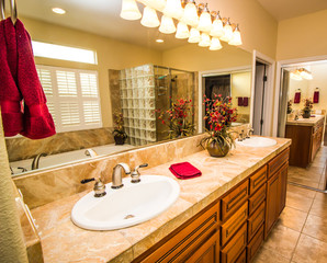 Modern Bathroom With Dual Sinks, Tub And Shower