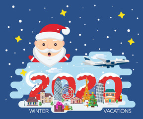 Happy New Year 2020. Traveling in time of vacation by plane. Travel to Europe. Merry Christmas banner in flat style. The winter holiday. Flat Santa Claus. Europe winter town vector illustration
