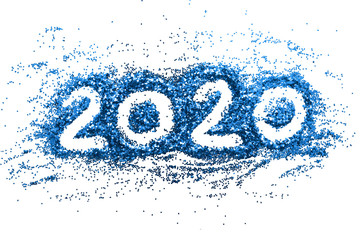 2020 year the festive inscription made of blue Christmas sparkles isolated on white background.