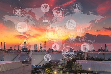 Double exposure of Refinery industry and the icon concept for connecting and exchanging information and transportation using modern technology.