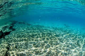 Underwater scene with ocean bottom and sunlight