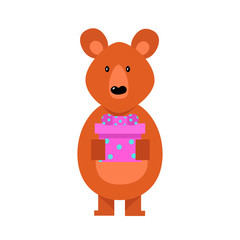 Cute cartoon brown bear with gift box in arms. Vector illustration isolated on white background