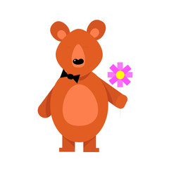 Cute brown bear with the flower in arms. Vector illustration isolated on white background
