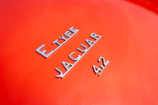PAAREN IM GLIEN, GERMANY - MAY 19, 2018: Emblem of a sports car Jaguar E-Type Serie I, 1968.