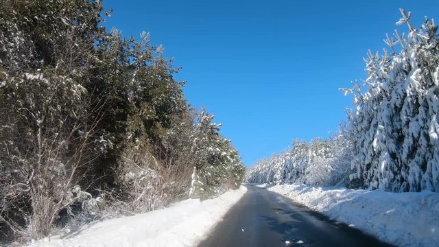 Car driving along the forest road in winter. Driving POV on snowy country road