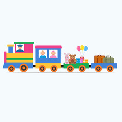 multi-colored steam engine with children, toys and gifts on a blue background.