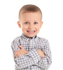 Portrait of cute little boy on white background