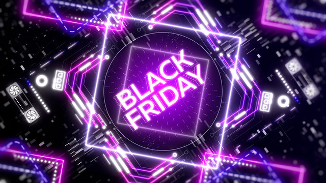 Black friday sale banner. Glowing neon background. Business and finance theme