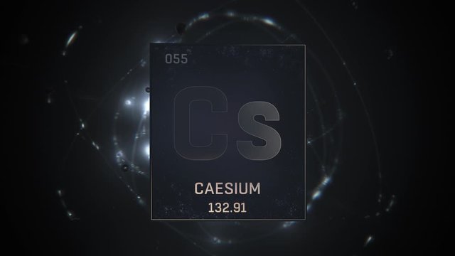 Cesium as Element 55 of the Periodic Table. Seamlessly looping 3D animation on silver illuminated atom design background with orbiting electrons. Design shows name, atomic weight and element number