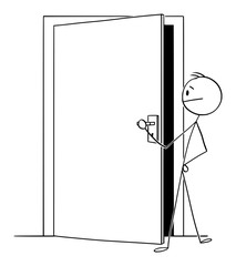 Vector cartoon stick figure drawing conceptual illustration of man or businessman looking through slightly open door to see, what is behind.