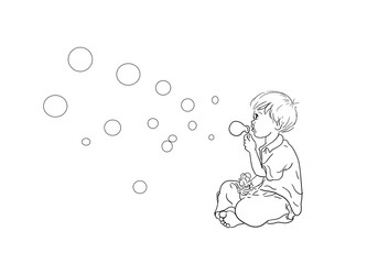 Ich liebe Seifenblasen. Ausmalbild schwarz weiß Junge im Schneidersitz sitzt barfuß pustet bläst Seifenblasen Blasen fliegen durch die Luft