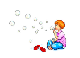 Ich liebe Seifenblasen. Bunt vor Hintergrund in weiß. Junge im Schneidersitz sitzt barfuß pustet bläst Seifenblasen Blasen fliegen durch die Luft, FlipFlops liegen vor ihm