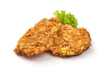 Crispy chicken fillet in breadcrumbs, isolated on white background