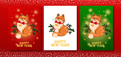 Vector illustration of a cute kitten with a bow and a bell. New year card, christmas poster. Cat, holiday illustration