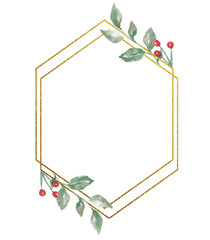 Watercolor Winter Christmas floral bouquet with gold foil geometric frame