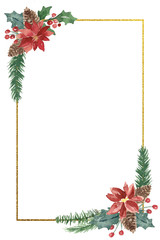 Watercolor Winter Christmas floral bouquet with gold foil geometric frame