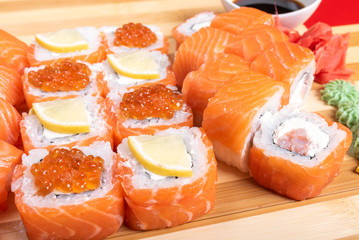 Sushi and salmon roll set, Philadelphia. Close-up.