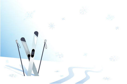 winter sport ski clear white background. copy space. snowflakes falling on top of mountain.vector illustration
