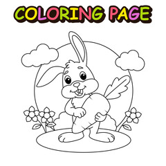 Cute rabbit holding carrot, vector cartoon for kids coloring book and page