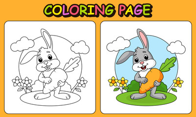 Obraz na płótnie Canvas Cute rabbit holding carrot, vector cartoon for kids coloring book and page