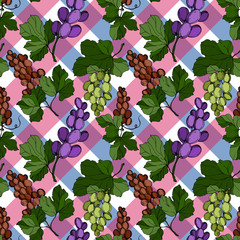 Grape berry healthy food. Black and white engraved ink art. Seamless background pattern.