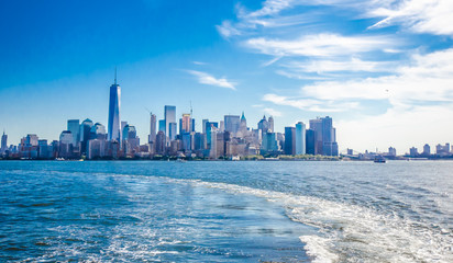 View of Manhattan, New York from a boat to Liberty island. 