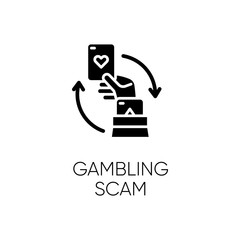 Gambling scam glyph icon. Money betting. Cheating in casino. Hand holding card. Online fraud. Cybercrime. Fraudulent scheme. Silhouette symbol. Negative space. Vector isolated illustration