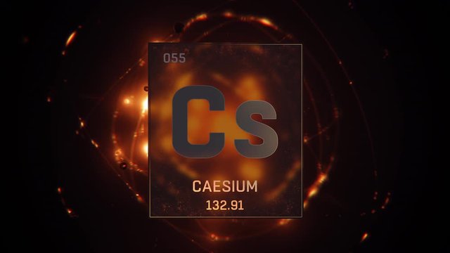 Cesium as Element 55 of the Periodic Table. Seamlessly looping 3D animation on orange illuminated atom design background with orbiting electrons. Design shows name, atomic weight and element number