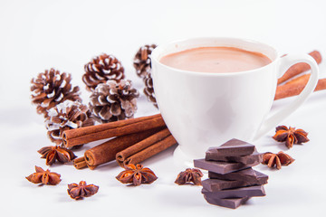 Cup of hot chocolate with cinnamon,  anise stars, pieces of dark chocolate and some cones