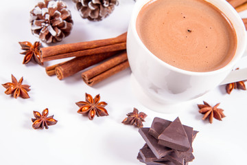 Cup of hot chocolate with cinnamon,  anise stars, pieces of dark chocolate and some cones