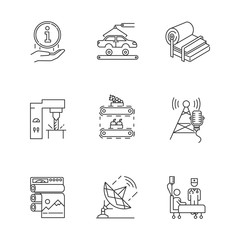 Industry types linear icons set. Information sign. Car, auto. Steel industry. Fruit supply. Broadcasting. Healthcare. Thin line contour symbols. Isolated vector outline illustrations. Editable stroke
