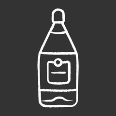 Transparent glass bottle of wine chalk icon. Luxury alcoholic drink, beverage. Red wine in bar, cafe, restaurant. Glassware with green label. Isolated vector chalkboard illustration