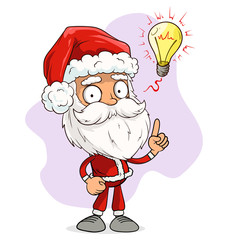 Cartoon cute funny bearded Santa Claus in red costume and cap with idea light bulb. Layered vector for animations. Isolated on white background. New Year and Christmas vector icon.