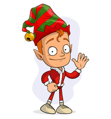 Cartoon cute funny Santa Claus christmas elf in red costume and cap showing hello sign or gesture. Layered vector for animations. Isolated on white background. New Year and Christmas vector icon.