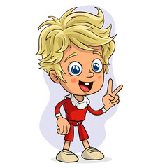 Cartoon cute funny blonde Santa Claus christmas elf in red costume showing peace sign or gesture. Layered vector for animations. Isolated on white background. New Year and Christmas vector icon.