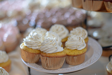 Vanilla cupcakes with vanilla frosting and gold sprinkles on dessert table