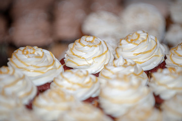 Vanilla cupcakes with vanilla frosting and caramel swirl on dessert table